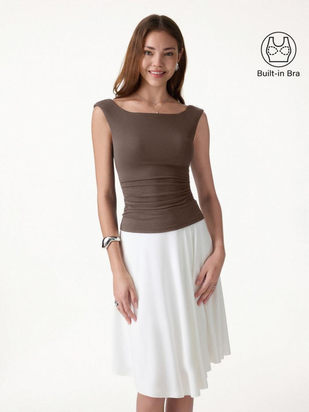 NWT OGL Eco-SkinKiss Boatneck Low Back Gathered Bra Top Iced Mocha Brown S $79